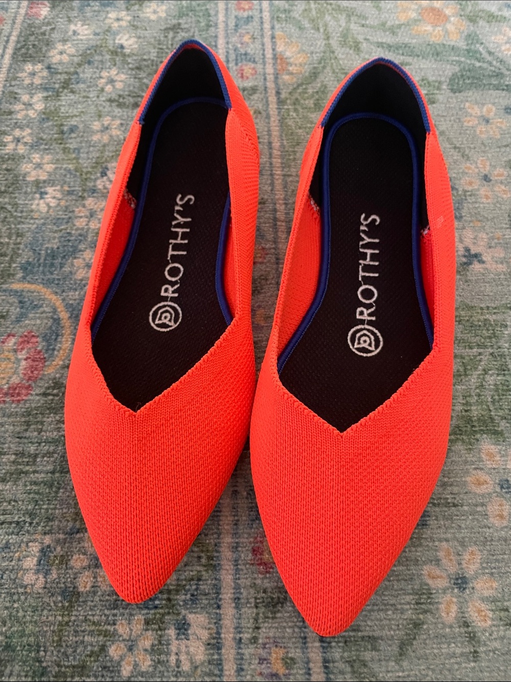 Rothy's Women's Pointed Knit Flats in Neon Orange black & White stripe on back